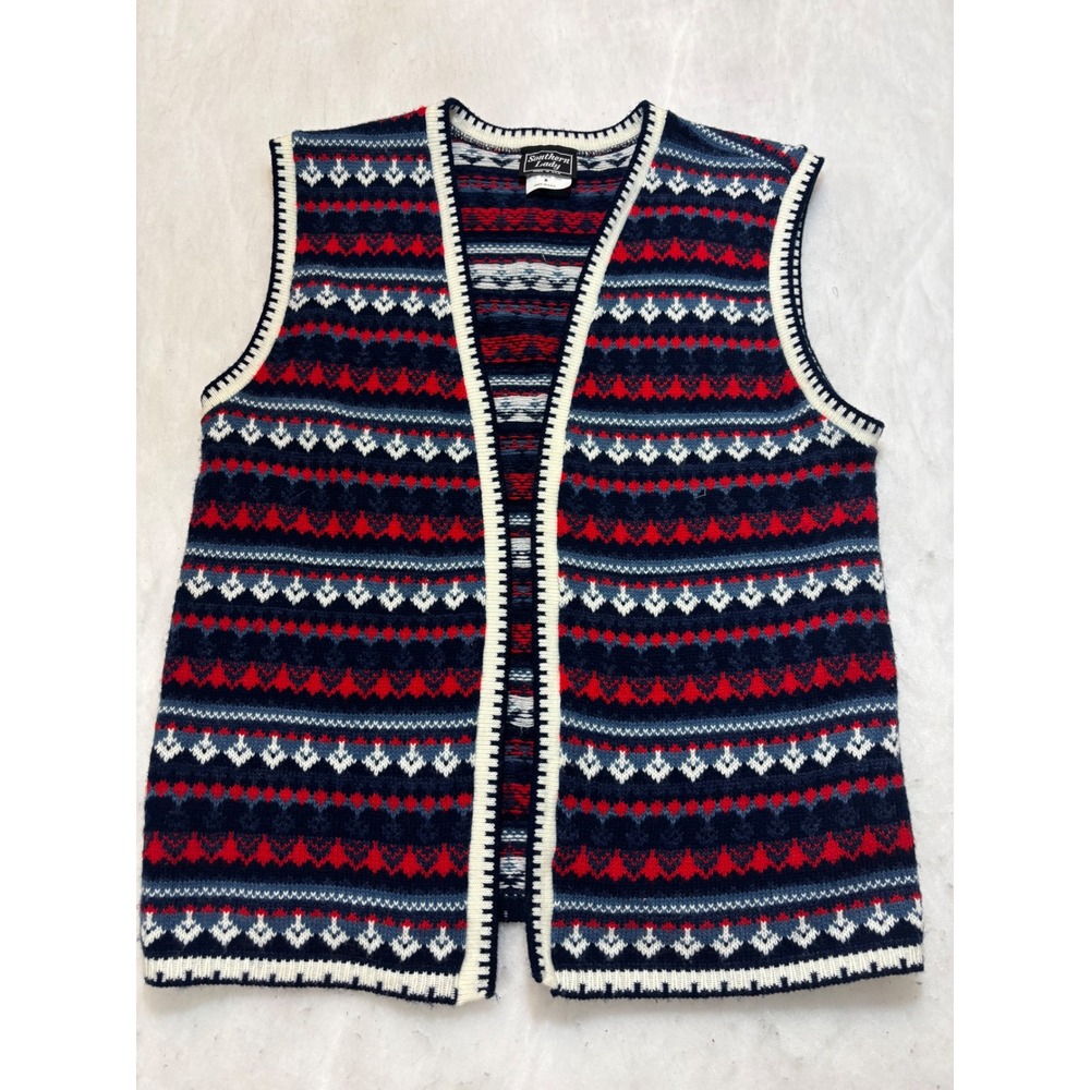 Southern‎ Lady Fair Isle Knit Vest Blue Red White Geometric Pattern Medium